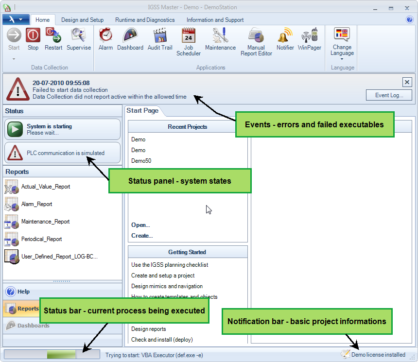 Moduł Główny IGSS dostarcza projektantowi cennych informacji o system podczas pracy w trybie projektowania Otwieranie projektów IGSS ze skrótów Windows oraz bibliotek Pliki projektów IGSS, z