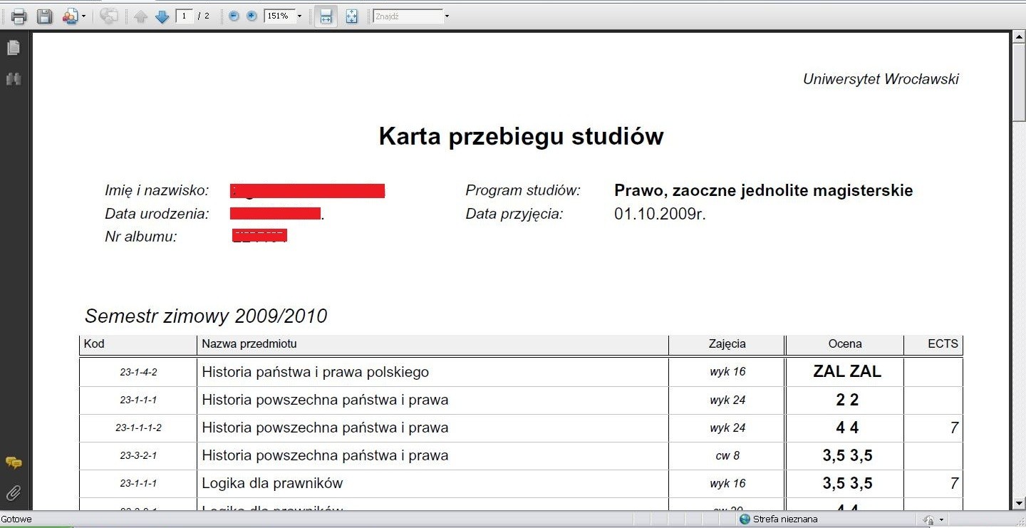 Rys. 8 Karta przebiegu studiów 7. Zapisy na przedmioty do wyboru 7.1. Definicja pojęć Osoba w rejestracji to osoba, która może uczestniczyć w rejestracji tzn.