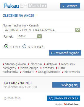 1. ZLECENIA W sekcji ZLECENIA moŝna składać zlecenia kupna lub sprzedaŝy na: Akcje Obligacje Instrumenty pochodne: o Kontrakty terminowe o Opcje o Jednostki indeksowe Inne: o Certyfikaty inwestycyjne