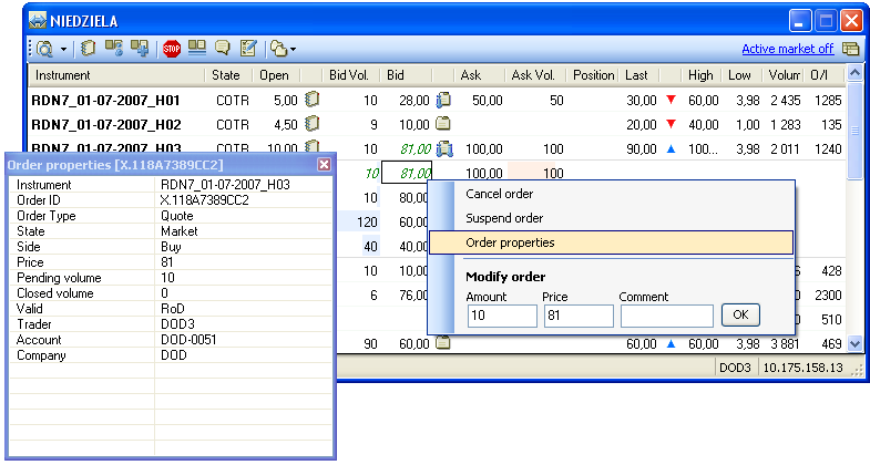 Ekran rynku podstawowe funkcje (3) Kliknij prawym klawiszem myszy na zleceniu, aby: - Zmodyfikować wolumen i cenę -