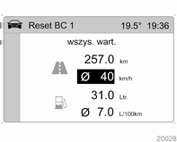 118 Wskaźniki i przyrządy Chwilowe zużycie paliwa Wyświetlanie chwilowego zużycia paliwa. Przy niskich prędkościach jazdy jest wyświetlane zużycie paliwa w ciągu godziny.