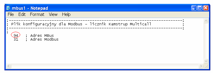Przykładowy plik otwarty w Notatniku przedstawiono na poniższym rysunku: W celu zmiany adresu MBus Licznika należy zmienić pierwszą wartość znajdującą się obok komentarza ; Adres MBus.