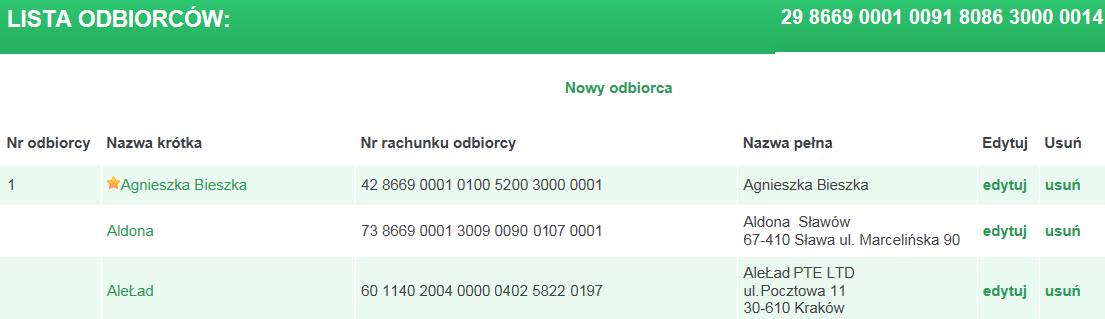 8. Odbiorcy Istotnym elementem systemu jest definicja Odbiorców. W opcji tej użytkownik ma możliwość wpisania pełnych danych związanych ze swoimi kontrahentami.