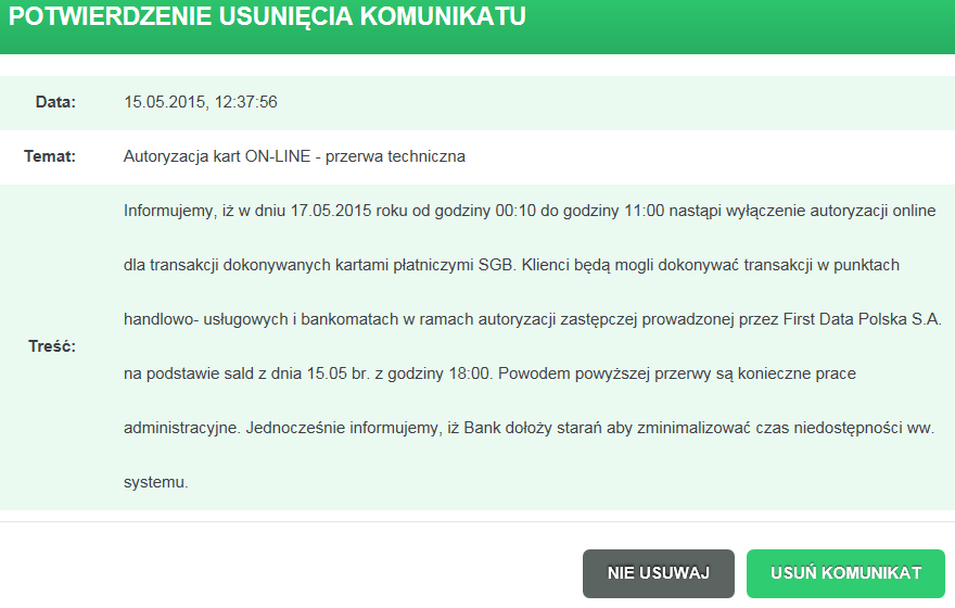 Na rysunku poniżej pełna treść przykładowego komunikatu dla użytkownika: Przycisk Powrót umożliwia ponowne