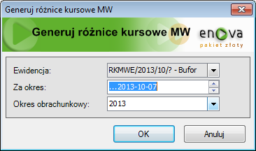 Naliczanie różnic kursowych magazynu walut Będąc w ewidencji dokumentów wybieramy nowy rodzaj dokumentu Różnice kursowe MW.