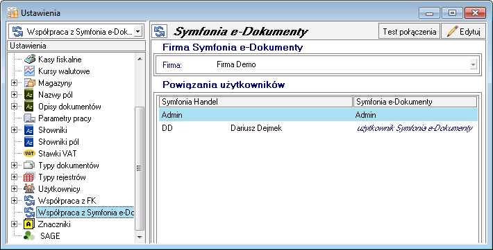 Współpraca z innymi programami 61 Ustawienie współpracy z programem Symfonia e-dokumenty Jest to pierwsza czynność, jaką należy wykonać aby poprawnie zarządzać procesem wystawiania, podpisywania i