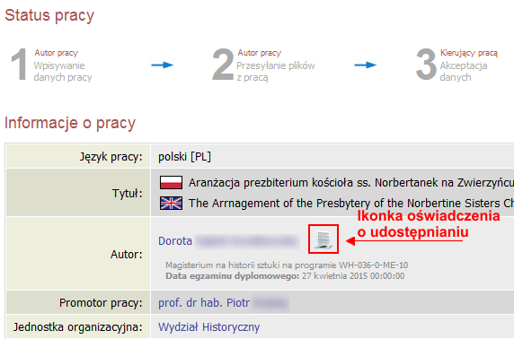 to narzędzie sprawdzające czy praca jest faktycznie tą, która została złożona w wersji papierowej. W celu wydrukowania pracy należy przejść do pracy (klikając odpowiedni tytuł w Moje prace ).