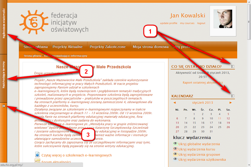 Bloki boczne Z prawej strony znajdują się bloki z dodatkowymi informacjami. Ile, w jakiej kolejności, oraz jakie bloki boczne są obecne w kursie zależy od moderatora prowadzącego kurs.