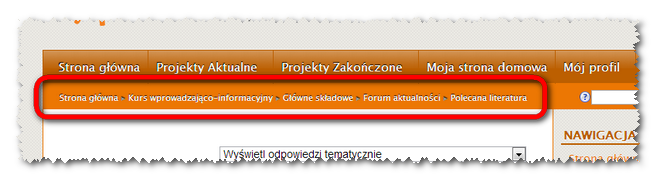 Nawigacja na platformie Poruszając się na platformie możesz korzystać z kilku udogodnień nawigacyjnych: Blok boczny Nawigacja Blok nawigacja ułatwia dostęp do wszystkich kursów, w których