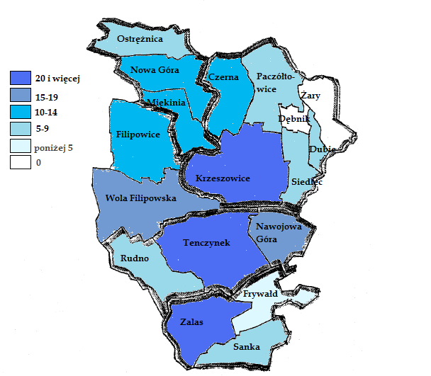 Na poniższych mapach przedstawiono natężenie problemów społecznych występujących w poszczególnych miejscowościach gminy Krzeszowice.