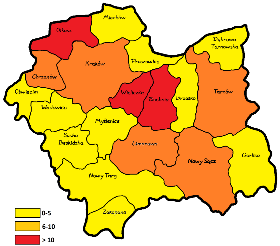 Stan sanitarny Małopolski 2011 Rysunek 1. Świnka w powiatach woj. małopolskiego i w Polsce w roku 2011 (zapadalność na 100 000).