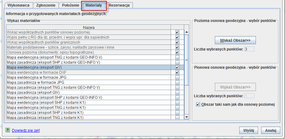 W sytuacji, gdy na liście Wykaz materiałów znajdują się materiały dotyczące osnowy geodezyjnej, należy wskazad obszar wyboru punktów osnowy (zarówno dla osnowy geodezyjnej poziomej, jak i