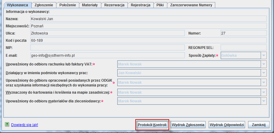 JAK POBRAD PROTOKÓŁ KONTROLI Dostęp do dokumentu Protokół kontroli możliwy jest po zalogowaniu do systemu Geo- Info 6 i.kerg i uruchomieniu okna dialogowego z informacjami o zarejestrowanej pracy.