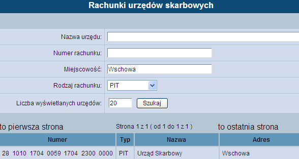 9.3. Rachunki Urzędów Skarbowych W opcji Rachunki urzędów skarbowych użytkownik ma możliwość odszukania US według różnych kryteriów lub wyświetlenia pełnej bazy