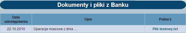 Dokumenty i pliki Opcja Dokumenty i pliki umożliwia wysyłanie plików do banku oraz przeglądanie i pobieranie plików udostępnionych klientowi przez bank.