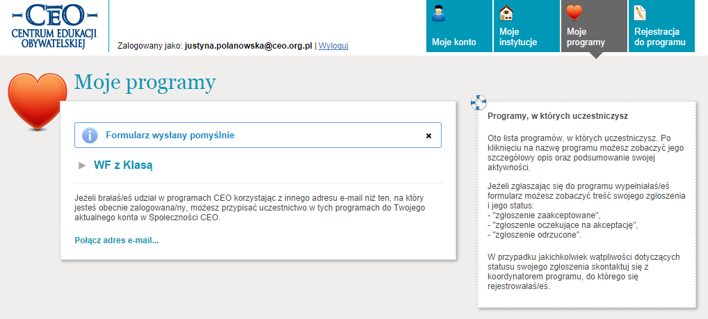 KROK 4 WF z Klasą edycja 2015/2016 aktywowanie kont blogowych Po przejściu do strony Rejestracja, sprawdź poprawność danych i kliknij Akceptuję warunki udziału w programie.