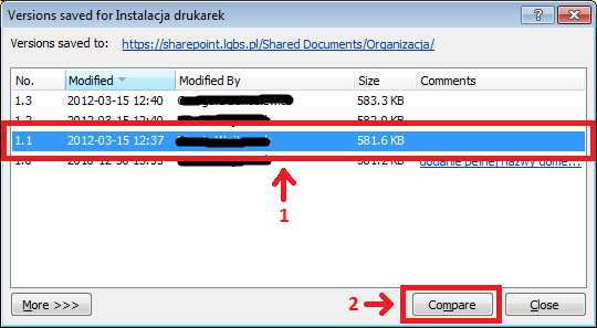 2.3.4 Porównanie dokumentu z dowolną wersją Wybieramy opcję Compare Specific Version.