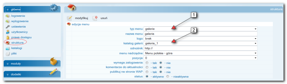 Rysunek 25 - Widok modułu galerie Tak utworzoną galerię można podłączyć do serwisu na kilka sposobów: a) galeria wyświetlana po wybraniu zakładki w menu.