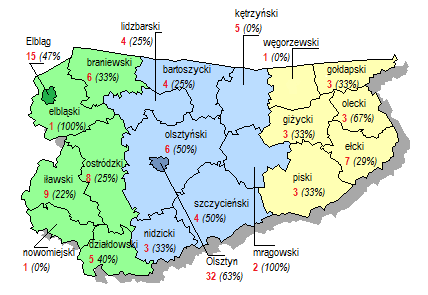 podregion elbląski 45 IOB (zwrotność ankiet 36%) podregion olsztyński 60 IOB (zwrotność ankiet 50%) podregion ełcki 21 IOB (zwrotność ankiet 35%) na mapie nie uwzględniono Suwalskiej Specjalnej