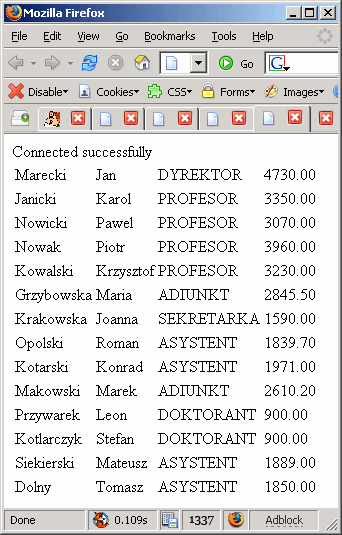 4. Przeanalizuj powyŝszy kod, wskaŝ w nim fragmenty związane z współpracą z bazą danych, obsługą błędów i