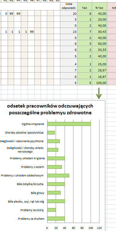 4. Zakładka problemy zdrowotne W odniesieniu problemów zdrowotnych arkusz oblicza: liczbę (i odsetek) osób zgłaszających poszczególne problemy zdrowotne liczbę (i odsetek) osób nie zgłaszających tego