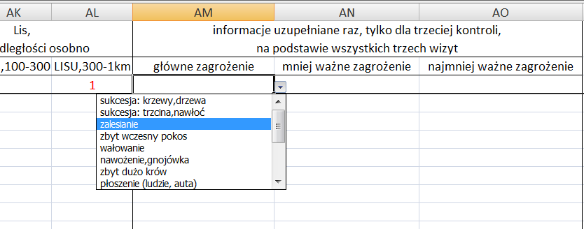 Ostatnim etapem uzupełniania danych w pliku Excel jest określenie zagrożeń dla kulika wielkiego zaobserwowanych na danym odcinku transektu.