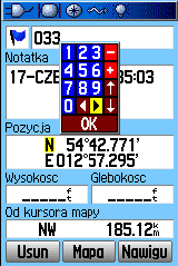 Nawi gacja GPS > Two rzenie i Używanie Waypoi ntów 3. Użyj PRZYCISKU KURSORA aby wprowadzić współrzędne pozycji. Podświetl OK i naciśnij przycisk ENTER gdy skończysz.