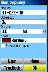 Zawiń Gdy Pełna Pamięć gdy wybrane, zapis śladu zapisuje stare dane z nowymi. Metoda Rejestracji Odległość zapisuje punkty śladu po przebyciu określonej odległości.