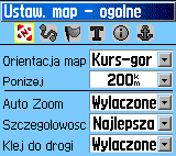Ekrany Główne > Ekran Mapy Ustawienia Mapy Użyj opcji Ustawienia Mapy aby regulować jak mają być wyświetlane elementy na Ekranie Mapy. Aby dostosować Ekran Mapy: 1.
