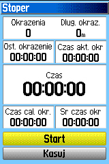 Menu Główne > Stoper Stoper Funkcja ta pozwala używać GPSmap 76Cx jako stoper, posiadający możliwość pomiaru czasu przebycia odcinków.