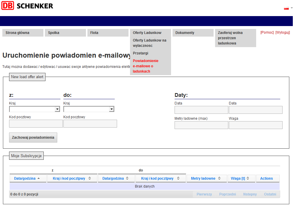 Powiadomienia e-mailowe o ładunkach Przewoźnicy mogą ustawiać powiadomienia o ładunkach na wybrane kierunki/trasy.