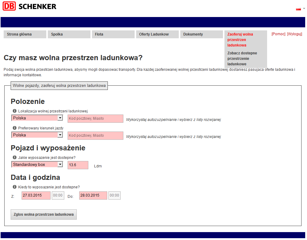 Zaoferuj wolną przestrzeń ładunkową Zaoferuj (niezobowiązująco) swoją wolną przestrzeń ładunką klikając na Zaoferuj wolną przestrzeń