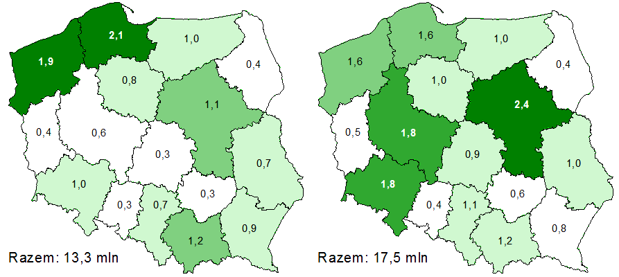 Rysunek 8: Krajowy ruch turystyczny w 2009 r. według województw i liczby podróży krótkookresowych i długookresowych (w mln) Źródło: www.intur.com.pl Województwo Zachodniopomorskie było w 2009 r.