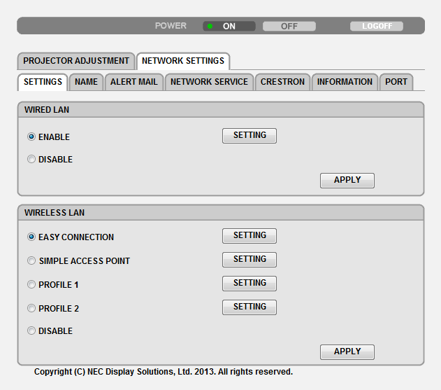 3. Przydatne funkcje NETWORK SETTINGS (Ustawienia sieciowe) SETTINGS (Ustawienia) WIRED (Przewodowe) lub WIRELESS (Bezprzewodowe) SETTING (Ustawienie) APPLY (Zastosuj) DHCP ON (DHCP wł.