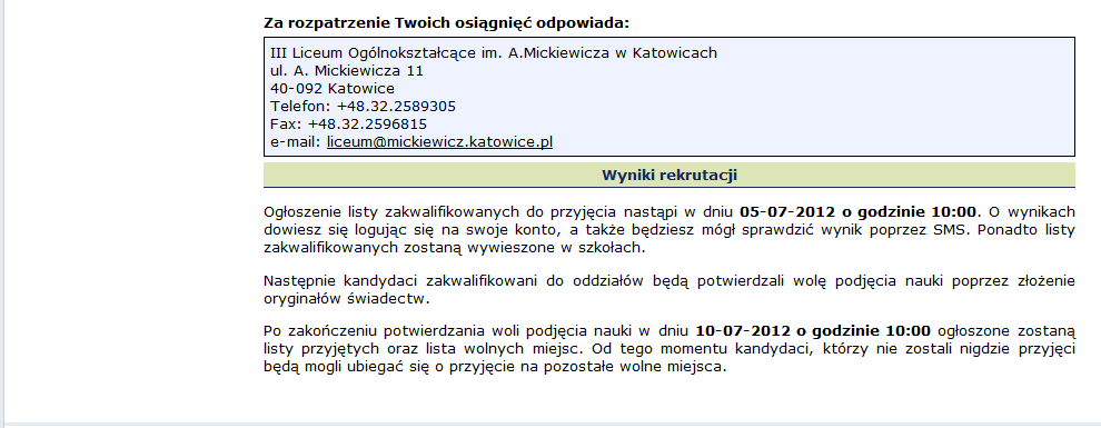 Tak będzie wyglądać informacja o zaakceptowaniu przez szkołę Twojego podania.