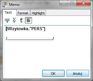 W zakładce Dane należy wybrać Pers z grupy danych z Wizytówki. Następnie potwierdzić przyciskiem OK. W oknie edycji obiektu tekst można dodać wykropkowanie.