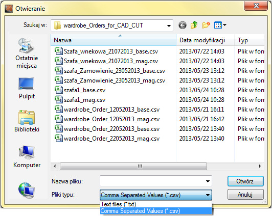 119 - import plików tekstowych do programu CAD Rozkrój Po wybraniu opcji importu plików tekstowych i wskazaniu lokalizacji pliku na dysku, należy wybrać rozszerzenie CSV w polu Plik typu (domyślne