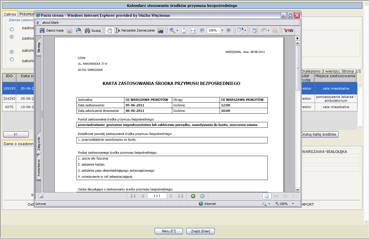 Przycisk Eksportuj generuje listę aktualnie wyświetlanych stonowao środków przymusu bezpośredniego w formacie CSV patrz print screen