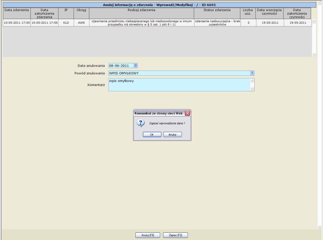Pole KOMENTARZ W polu tym należy podad krótkie uzasadnienie dotyczące przyczyn anulowania zdarzenia nadzwyczajnego.