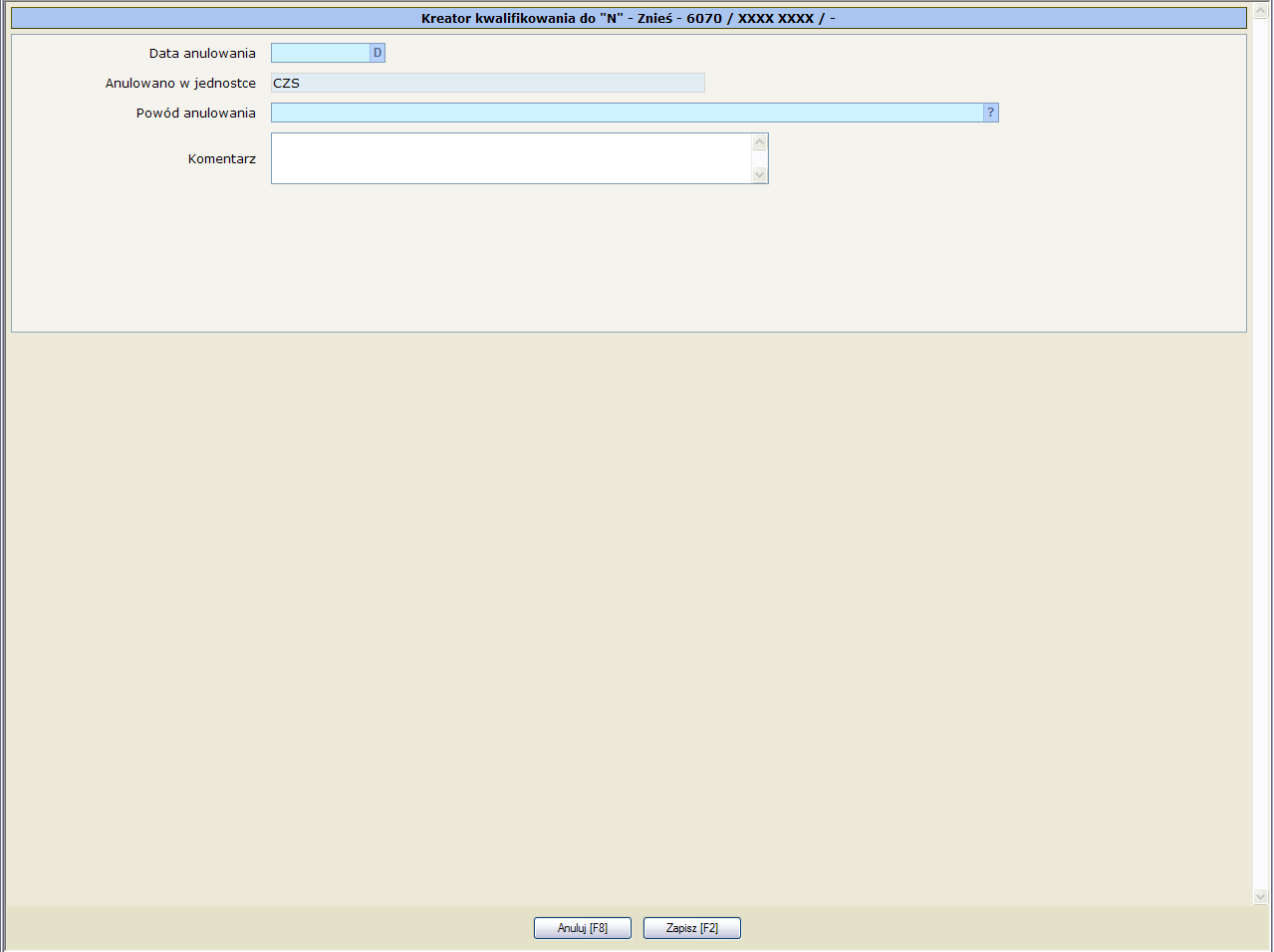 Pole Data anulowania W pole to wpisujemy datę, w którym osadzonemu została zdjęta kwalifikacja, jako niebezpiecznego.