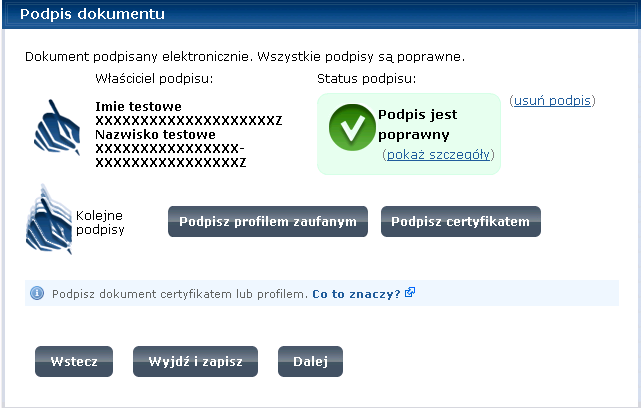 Jeśli w wyniku weryfikacji pojawi się, choć jeden stan negatywny, wówczas status podpisu na dokumencie jest niepoprawny (Rysunek 90).