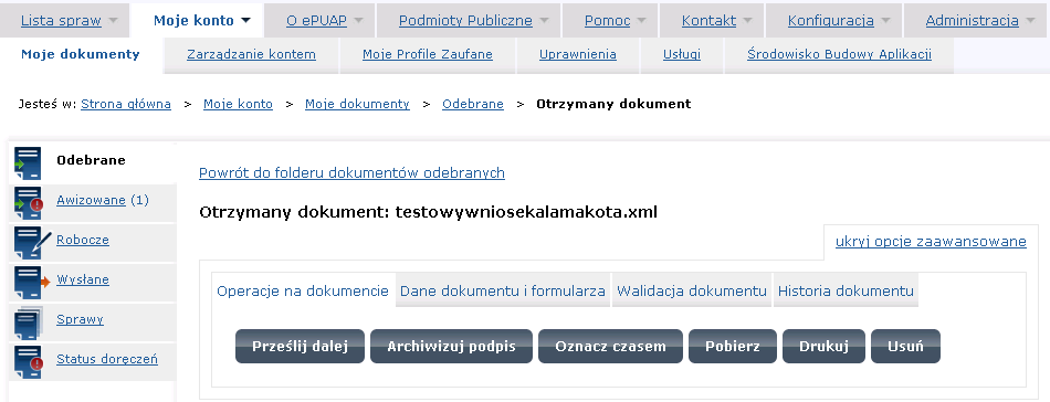 System wyświetla komunikat: Czy na pewno chcesz usunąć plik: nazwa_dokumentu? Jeżeli chcesz usunąć plik naciśnij przycisk Tak, chcę.