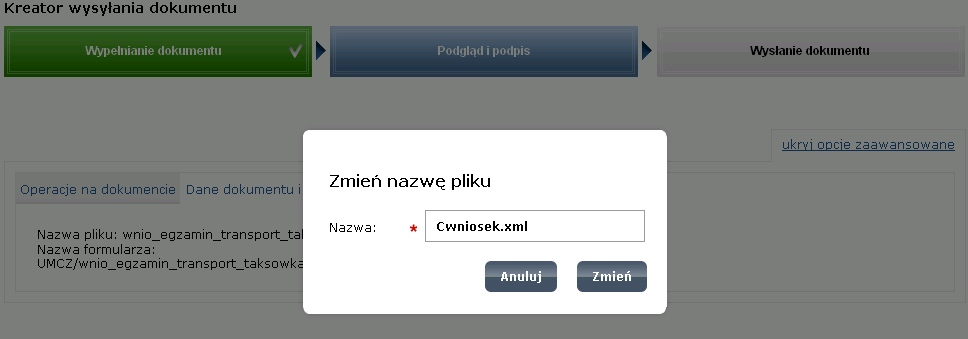 Rysunek 126 Zmiana nazwy pliku Krok 3 Dla większości dokumentów w epuap zdefiniowany jest formularz, który widoczny jest dla danego użytkownika podczas pracy z dokumentem.