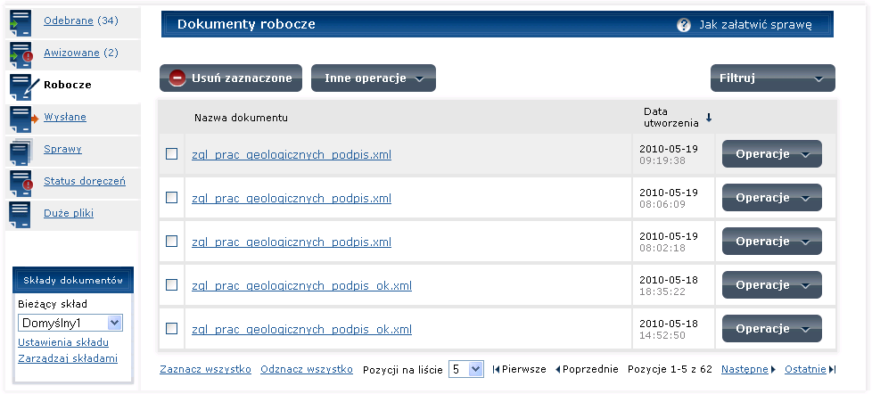 Krok 1 W jednym z folderów dokumentów np. folder Robocze (Rysunek 128) należy otworzyć dokument, który chcemy zweryfikować. Aby otworzyć dokument należy kliknąć na jego nazwę.