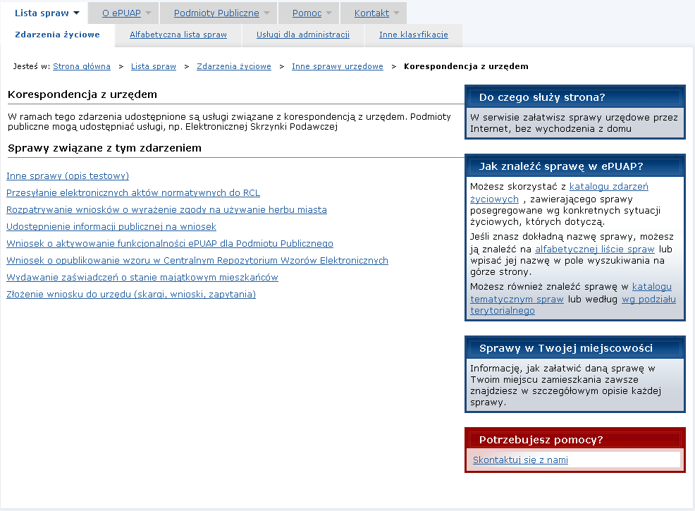 formatce z opisem kategorii wskaż nazwę konkretnego zdarzenia. System wyświetli stronę opisującą wybrane zdarzenie oraz zawierającą listę spraw (usług) związanych z tym zdarzeniem (Rysunek 18).