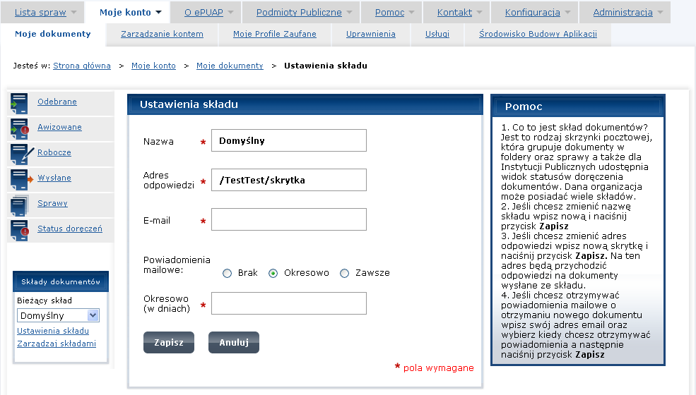 edycji wpisać liczbę dni. Po wybraniu opcji zawsze lub okresowo w polu Email należy wpisać adres email, na który mają być dostarczane powiadomienia o wpłynięciu nowego dokumentu do składu.