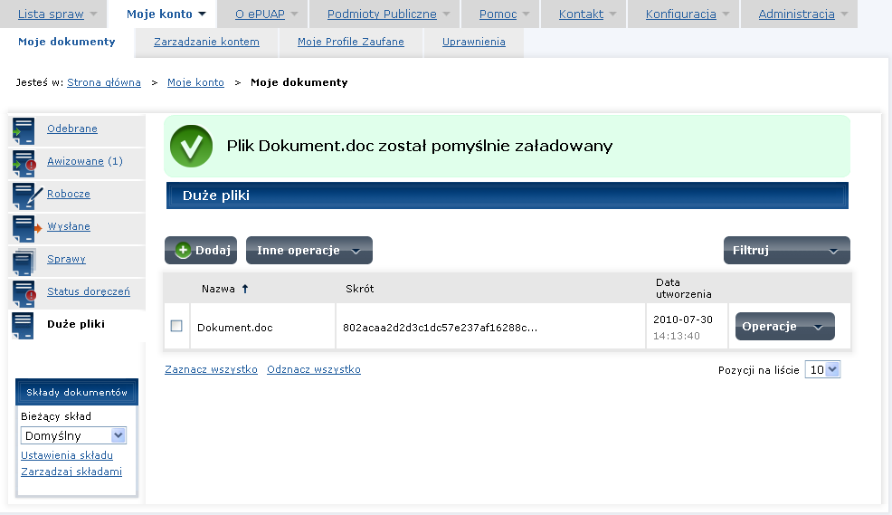 Rysunek 66 Dostępny plik w dużych plikach Każdy podmiot posiadający dostęp do funkcjonalności ma ustawiony limit (300MB per podmiot) na wielkość zajmowanego miejsca na dysku serwera. 7.2.