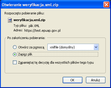 Podobnie może pobrać do XML sam plik z weryfikacji (razem w paczce z plikiem wizualizacji xsl dla tego XML) poprzez wybranie check-box i naciśnięcie operacji Pokaż weryfikację.