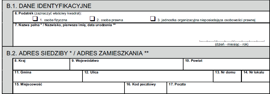 1. Wpisujemy NIP/PESEL w polu nr 1 2. W polu nr 4 podajemy rok, którego dotyczy deklaracja. 3. Punkt A dotyczy miejsca składania deklaracji.