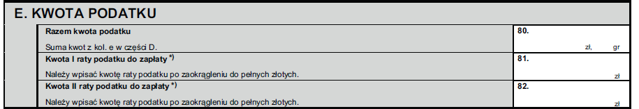 b) Pola 81 i 82 to raty podatku. Podatek od środków transportowych płatnych jest w dwóch równych ratach do 15 lutego i 15 września.